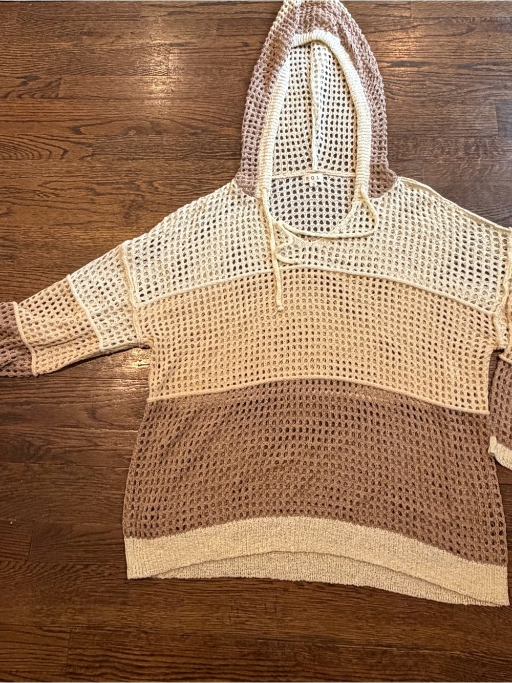 POL Women's Open-Knit Colorblock Hoodie in Cream and Tan